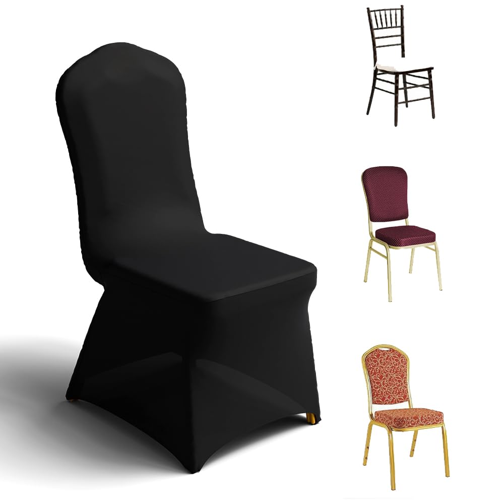 Trlyc Black 100 Pcs Stretch Polyester Chair Covers for Dining Chairs Slipcovers (Size: Flat-Front) for Wedding Party and